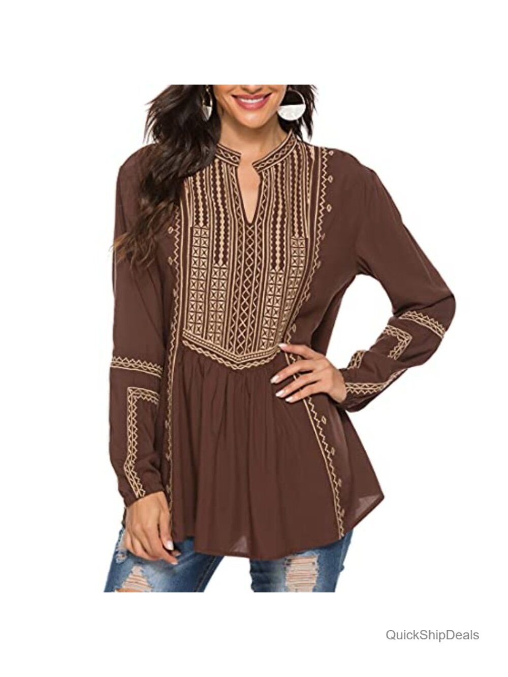 Women's Embroidered Mexican Peasant Tunic Top V Neck Long Sleeve Cotton Blend